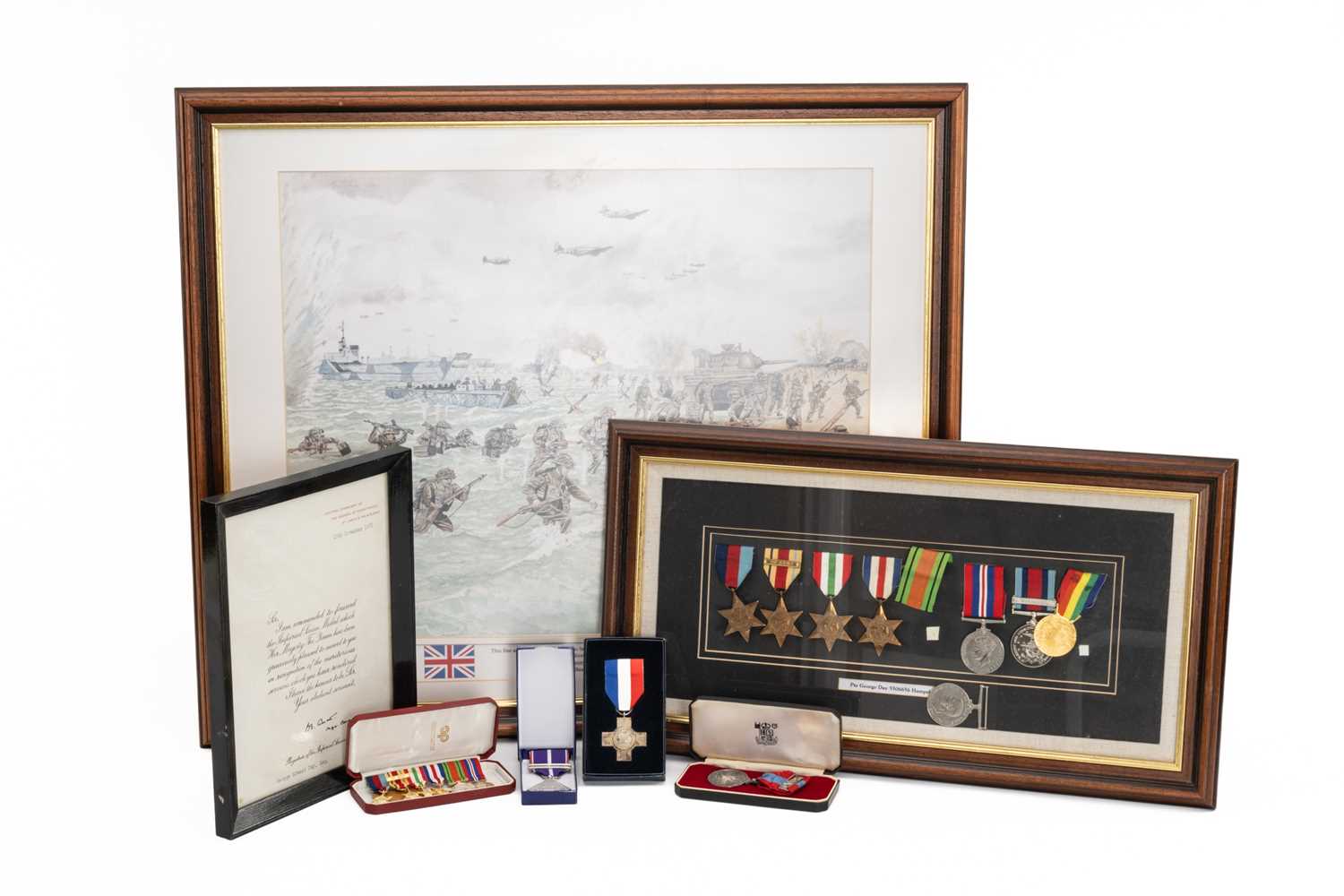 MEDALS & MILITARIA comprising framed and glazed WWII period medals relating to Pte George Day