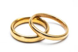 TWO 22CT GOLD WEDDING BANDS, one size J, one size N, 9.1gms gross (2)