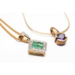 9K GOLD EMERALD & DIAMOND CHIP PENDANT on fine 9ct gold chain, together with 9ct gold amethyst