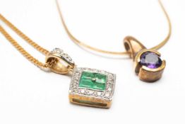 9K GOLD EMERALD & DIAMOND CHIP PENDANT on fine 9ct gold chain, together with 9ct gold amethyst