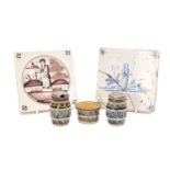 COLLECTIBLE POTTERY, comprising two 18th Century Delft tiles, painted in aubergine and in blue