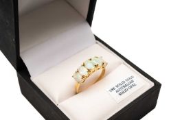 18K GOLD FIVE STONE OPAL RING, stamped '18K' & '750', ring size N, 3.2gms in Opals Australia ring