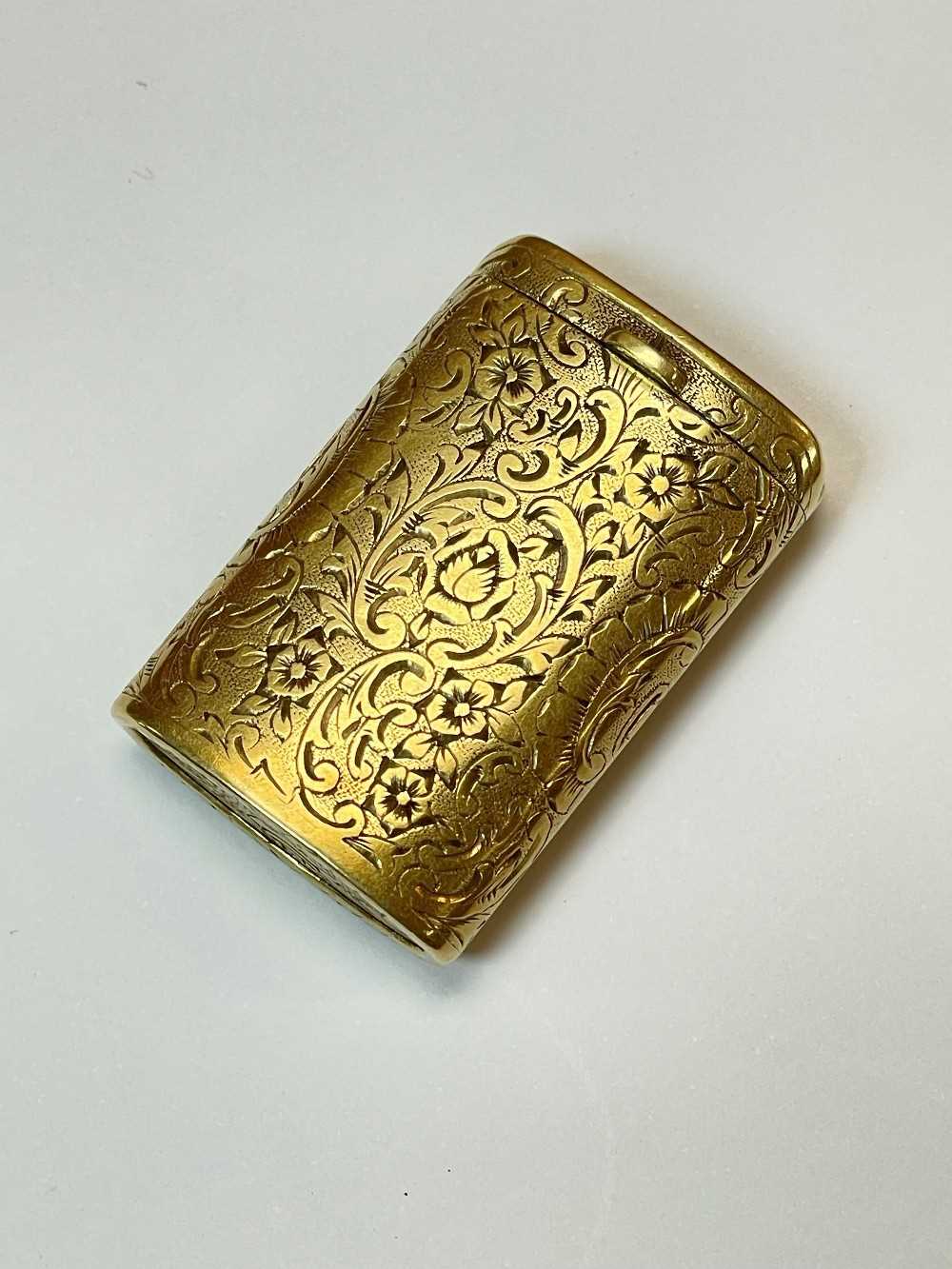14K GOLD VESTA CASE, overall scroll engraved, of rectangular curved shape with striking end, - Image 8 of 10
