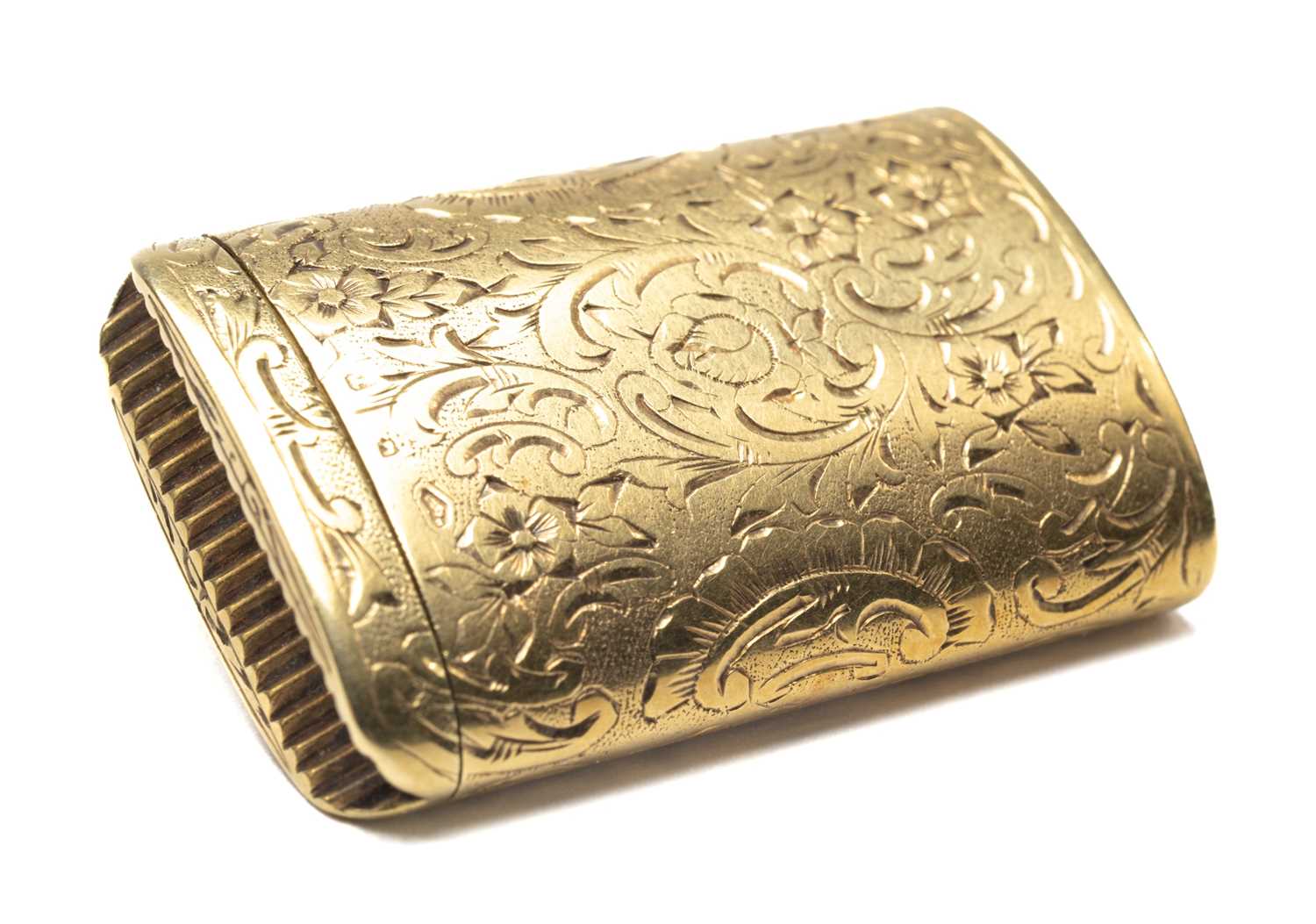 14K GOLD VESTA CASE, overall scroll engraved, of rectangular curved shape with striking end,