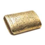 14K GOLD VESTA CASE, overall scroll engraved, of rectangular curved shape with striking end,