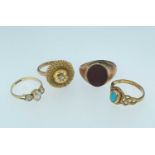 FOUR RINGS, comprising 9ct gold carnelian ring, 9ct gold three stone semi-precious white stone ring,