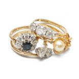 THREE 9CT GOLD DRESS RINGS three set with cubic zirconia, and a 14K gold cultured pearl ring, 11.