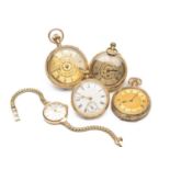 FOUR LATE VICTORIAN TOP WIND FOB WATCHES, comprising two 18ct gold fob watches, one 14ct gold plated