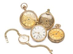 FOUR LATE VICTORIAN TOP WIND FOB WATCHES, comprising two 18ct gold fob watches, one 14ct gold plated