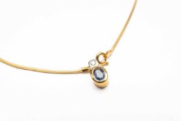 18CT GOLD SAPPHIRE & DIAMOND PENDANT on yellow gold chain stamped '750', 7.6gms Provenance: deceased