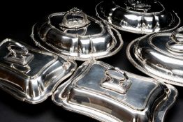 FIVE VARIOUS EPNS ENTREE DISHES & COVERS, including pair oval, a single, and a pair of rectangular