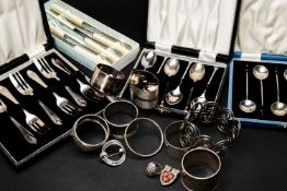 ASSORTED SILVER & EPNS FLATWARE AND CUTLERY, including box set silver coffee bean spoons, box set