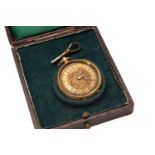 18K GOLD FANCY FOB WATCH, overall engraved, Roman numerals, 29.4gms, in vintage fitted box with