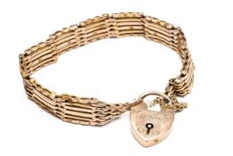 9CT GOLD GATELINK BRACELET & PADLOCK CLASP, with safety chain, padlock clasp engraved 'Cadi from