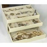 JEWELLERY BOX & CONTENTS including various gem set earrings including 9ct gold examples, silver