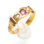 LATE VICTORIAN 15CT GOLD RUBY & PEARL RING, ring size N, Birmingham 1891, 3.0gms Provenance: