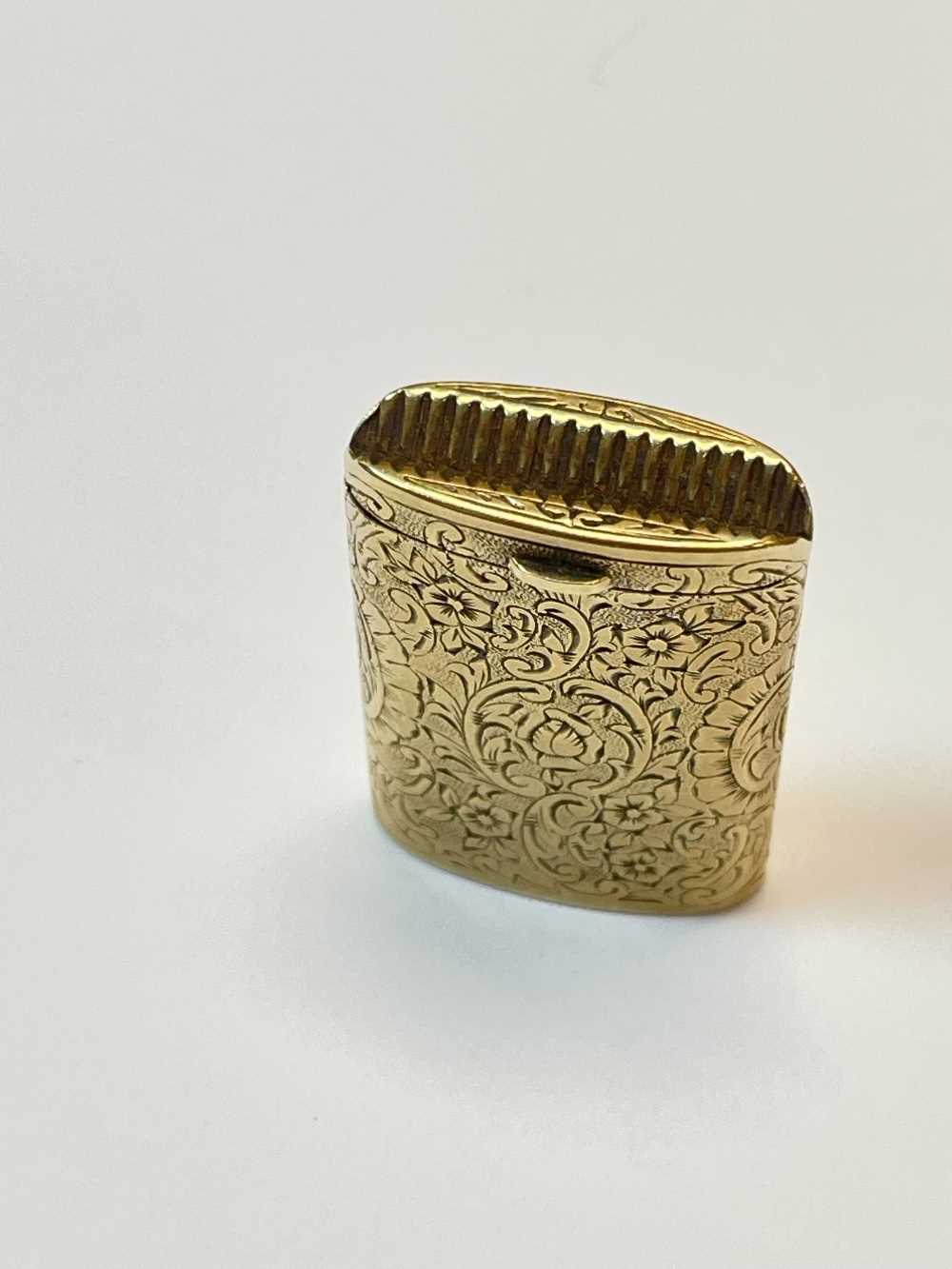 14K GOLD VESTA CASE, overall scroll engraved, of rectangular curved shape with striking end, - Image 5 of 10