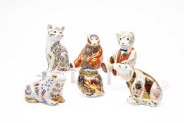 FIVE ROYAL CROWN DERBY CHINA ANIMAL PAPERWEIGHTS, including signature edition owl and polar bear,