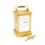 GILT BRASS FIVE GLASS CARRIAGE CLOCK, white enamel dial with Arabic numerals, push repeat button,