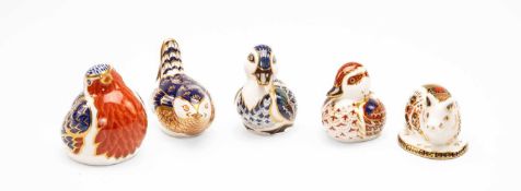 FIVE ROYAL CROWN DERBY ANIMAL PAPERWEIGHTS, all with silver or gilt buttons, including 2 x