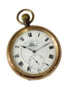 GEORGE V 9CT GOLD TOP WIND POCKET WATCH, the white enamel face with Roman numerals, subsidiary