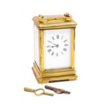GILT BRASS FIVE GLASS CARRIAGE CLOCK, gorge case, enamel dial with Roman numerals, bevelled glass,
