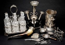 ASSORTED ELECTROPLATE, comprising electroplated cruet stand, epergne, bottle coaster, nickel mounted