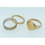 THREE 9CT GOLD RINGS, comprising white gold band, yellow gold band and signet ring, 10.6gms gross (