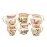 SIX 19TH CENTURY PINK LUSTRE JUGS, including one dated 1815 with initials 'GB', others with transfer