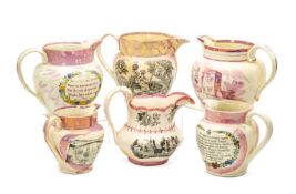 SIX 19TH CENTURY PINK LUSTRE JUGS, including one dated 1815 with initials 'GB', others with transfer