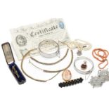 ASSORTED VINTAGE JEWELLERY, including three string pearl bracelets, with certificate 0.5mm