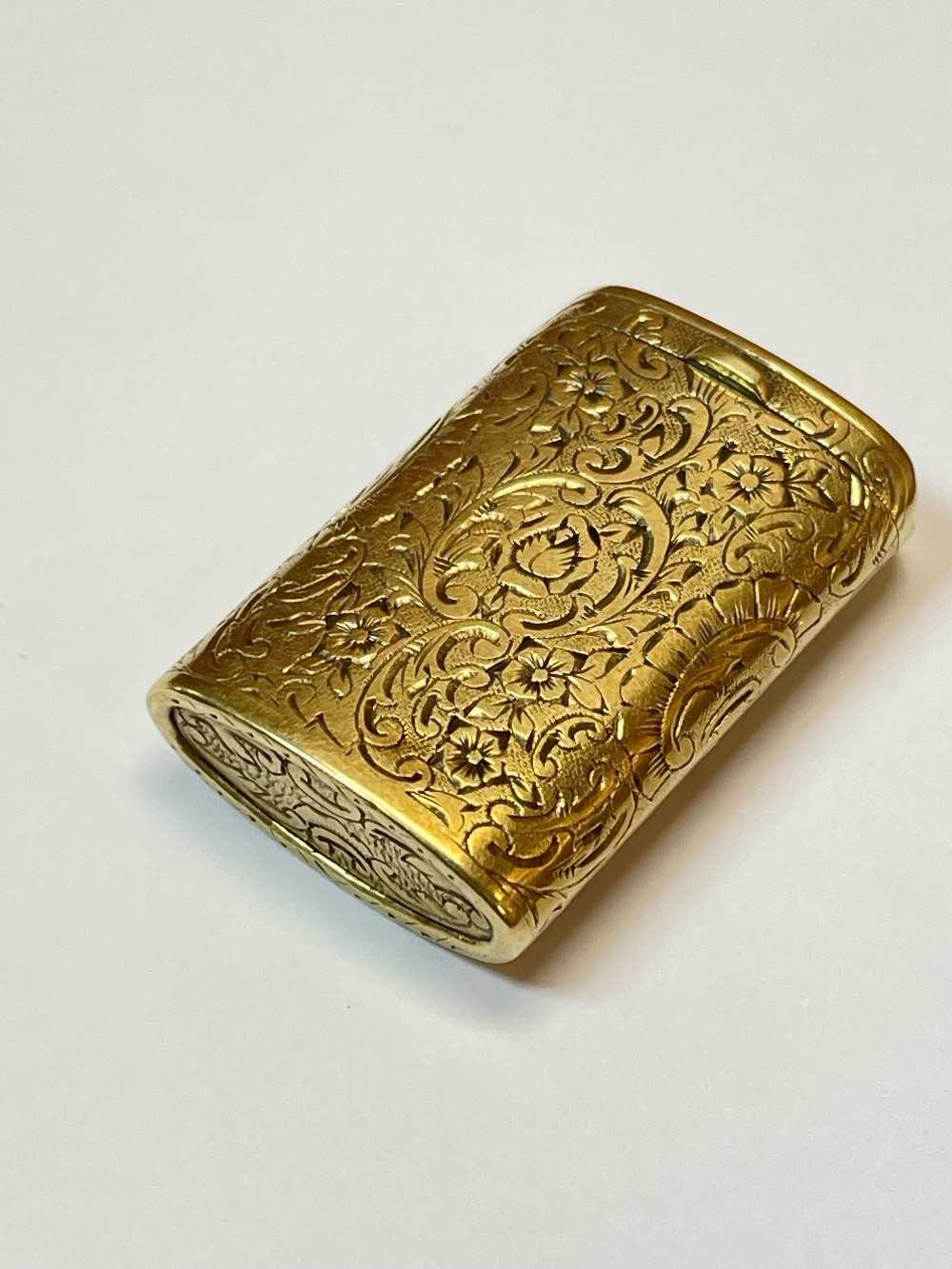 14K GOLD VESTA CASE, overall scroll engraved, of rectangular curved shape with striking end, - Image 10 of 10