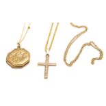 9CT GOLD JEWELLERY comprising cruciform on chain, locket on chain and fine chain, 7.8gms gross (3)