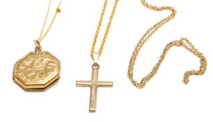 9CT GOLD JEWELLERY comprising cruciform on chain, locket on chain and fine chain, 7.8gms gross (3)