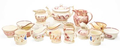 ASSORTED 19TH CENTURY PINK LUSTRE POTTERY, including jugs, sugar bowls, mugs and a teapot, variously