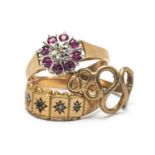 THREE 9CT GOLD RINGS, one set with diamond chips, another with rubies and diamond chip, 6.1gms gross