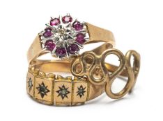 THREE 9CT GOLD RINGS, one set with diamond chips, another with rubies and diamond chip, 6.1gms gross