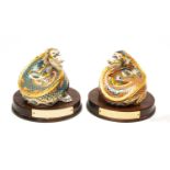 PAIR ROYAL CROWN DERBY BONE CHINA DRAGON PAPERWEIGHTS, 'Dragon of Good Fortune' and 'Dragon of