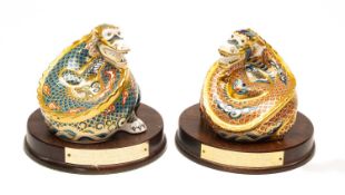 PAIR ROYAL CROWN DERBY BONE CHINA DRAGON PAPERWEIGHTS, 'Dragon of Good Fortune' and 'Dragon of