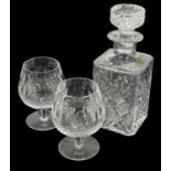 PAIR OF WATERFORD CUT GLASS BRANDY BALLOONS, together with Whitefriars glass whiskey decanter and