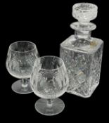 PAIR OF WATERFORD CUT GLASS BRANDY BALLOONS, together with Whitefriars glass whiskey decanter and