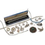 ANTIQUE MARCASITE BROOCHES & EARRINGS, together with three paste necklaces, paste bracelet and paste