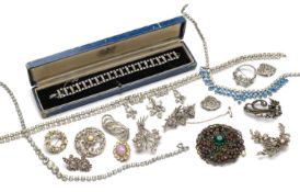 ANTIQUE MARCASITE BROOCHES & EARRINGS, together with three paste necklaces, paste bracelet and paste