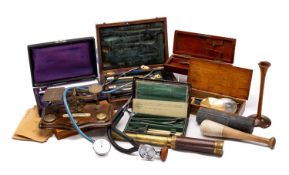 ASSORTED 20TH CENTURY MEDICAL INSTRUMENTS, comprising brass 3 draw telescope in sharkskin case,
