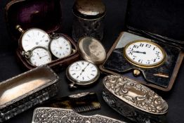 ASSORTED SILVER, various dates, including three powder boxes, silver and simulated tortoiseshell