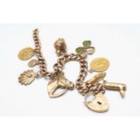 9CT GOLD CURB LINK BRACELET, with heart shaped padlock, with various 9ct gold attachments