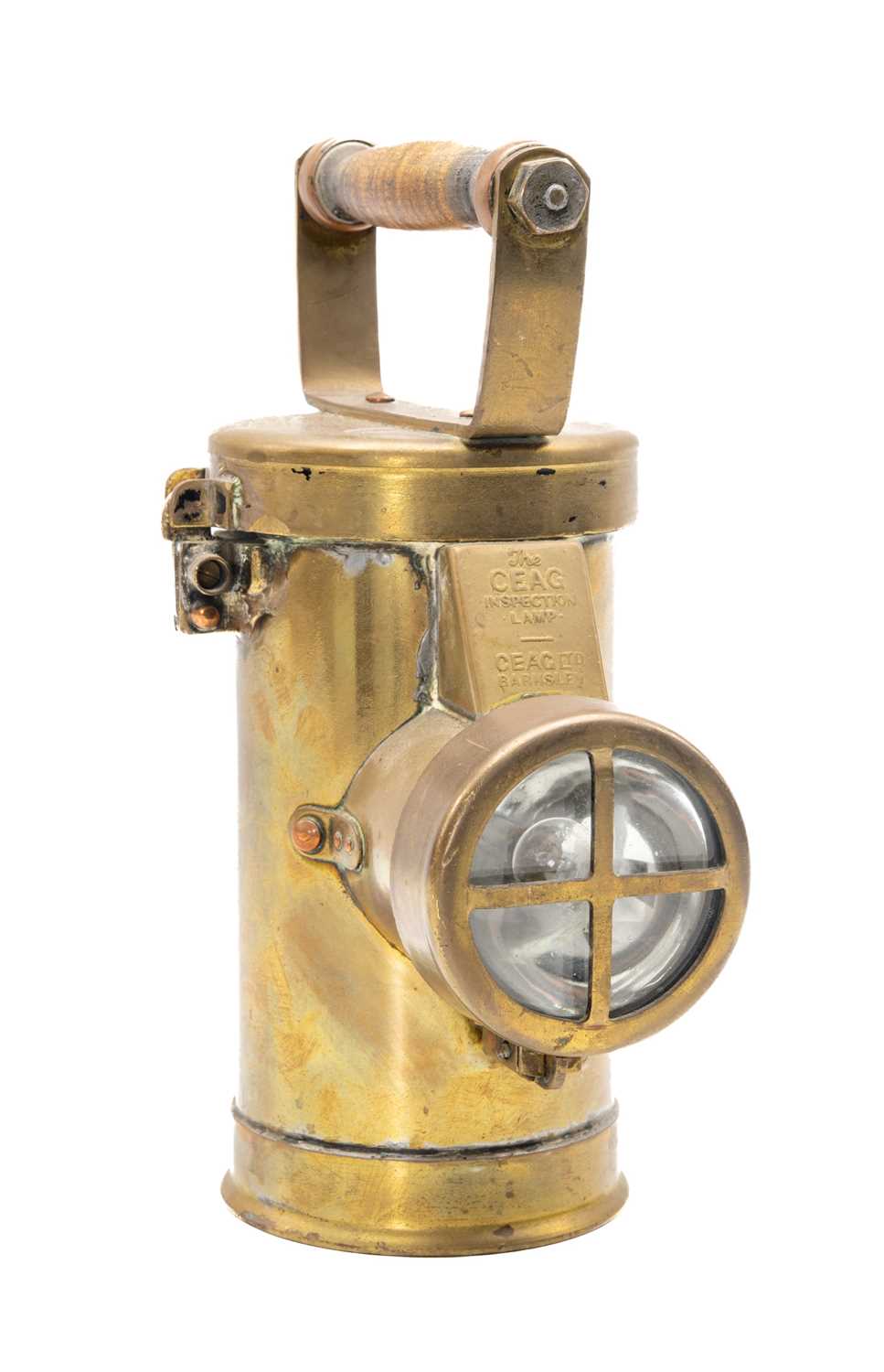 THE CEAG INSPECTION LAMP, Barnsley, Yorks, pat. 309721/28, brass body, turned wooden handle, 22cms