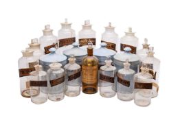ASSORTED GLASS APOTHECARY CHEMIST JARS & BOTTLES, comprising four blue pottery jars, nine large