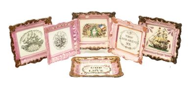 SIX 19TH CENTURY SUNDERLAND LUSTRE PLAQUES, with shaped borders, transfer printed with various