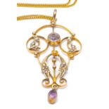 YELLOW METAL EDWARDIAN-STYLE PENDANT, set with amethyst and seed pearls on 9ct gold chain, 4.7gms,